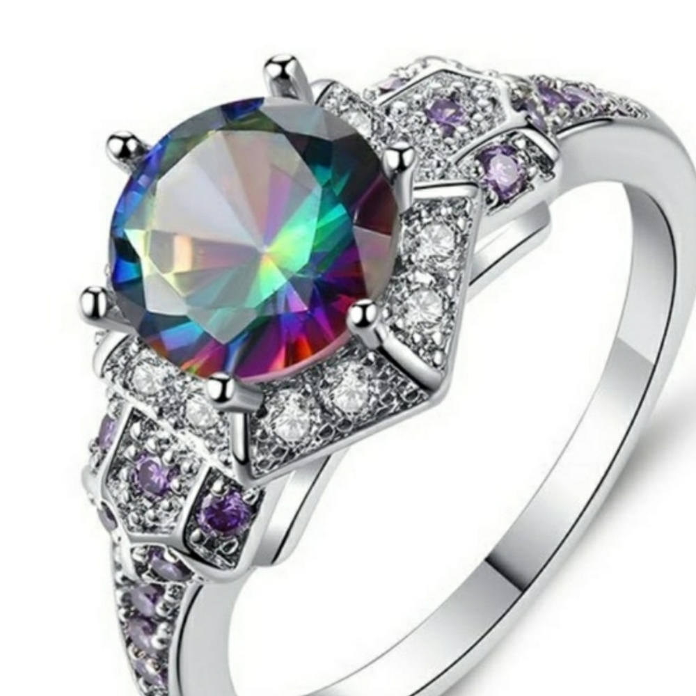 Sterling Silver Fire Rainbow Amethyst Hexagon Ring - Picture 5 of 13